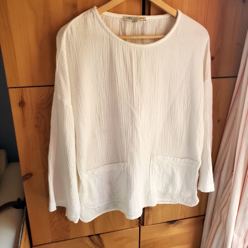 C&C California Women's White Double Gauze Tunic Length Top Size Small